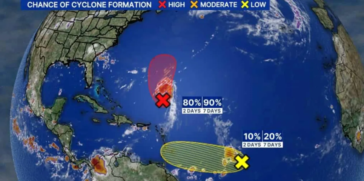 The meteorological department warns of possible showers and thunderstorms due to a low-pressure system and a high trough near the northern Leeward Islands.