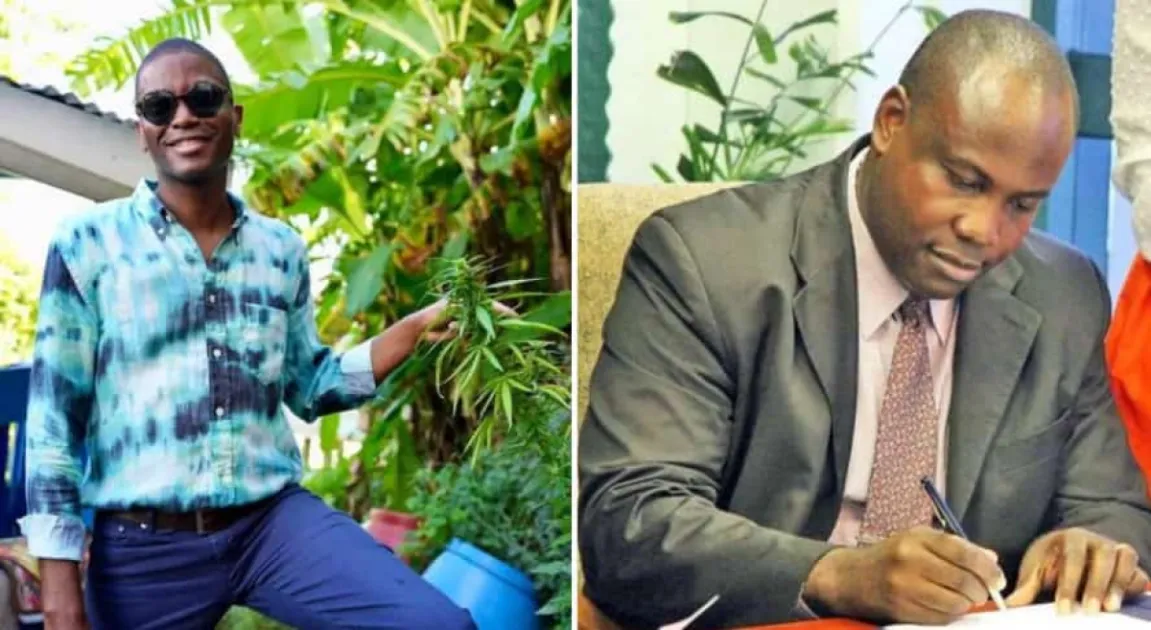 A viral photo shows Prime Minister Dickon Mitchell posing with a marijuana plant, holding one of its leaves. A viral photo shows Prime Minister Dickon Mitchell posing with a marijuana plant, holding one of its leaves.