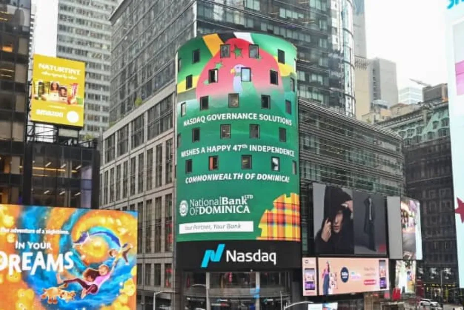 Dominica’s National Flag was displayed in New York’s Times Square to celebrate the nation’s 47th Independence Day, symbolizing its resilience, unity, and progress.