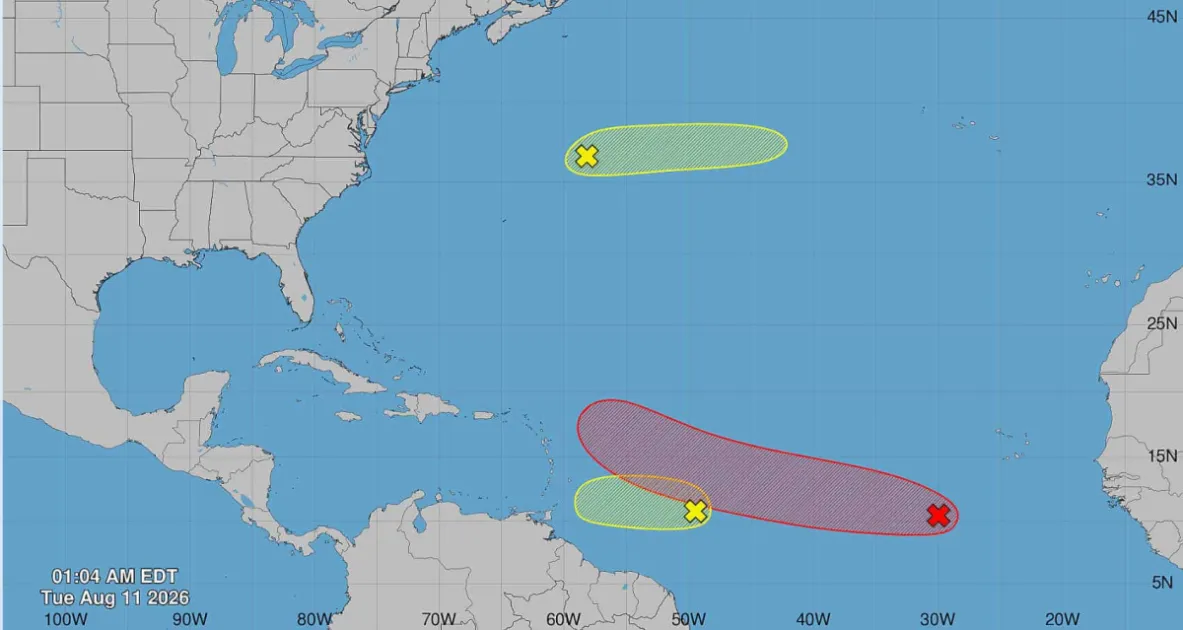The National Hurricane Center has raised the system’s seven-day development chance to 70% as the low-pressure area moves westward across the central Atlantic.