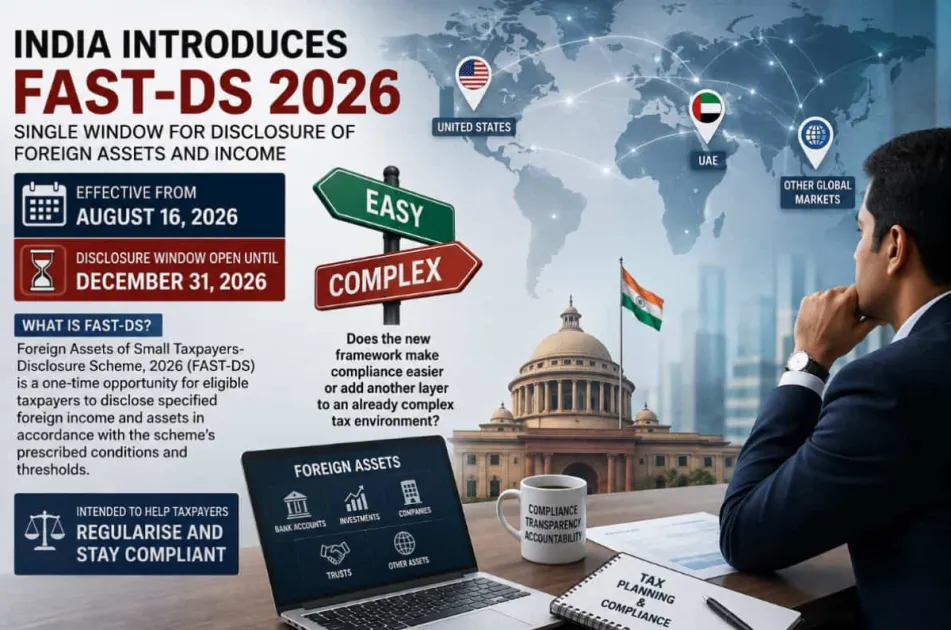 India’s FAST-DS scheme opens a one-time window until December 31, 2026, allowing eligible taxpayers to disclose certain undisclosed foreign assets and income subject to prescribed conditions and thresholds.