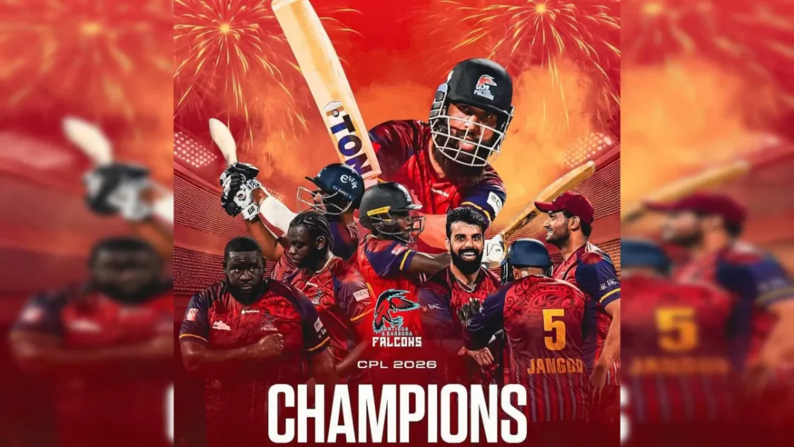The Antigua and Barbuda Falcons defeated Jamaica Kingsmen by eight wickets in the 2026 CPL final at Kensington Oval, with Sufyan Moqim taking 4/14 and Amir Jangoo scoring an unbeaten 57.